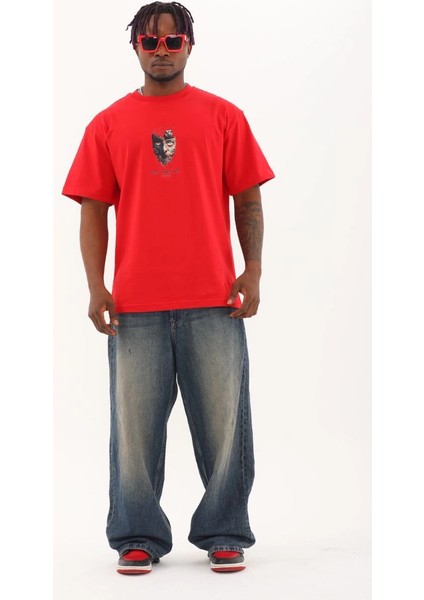 Unisex Oversize Baskılı Bisiklet Yaka T-Shirt - Kırmızı -Vlmr fırsatları