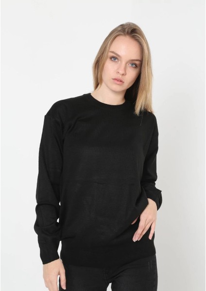 Unisex Uzun Kol Biskilet Yaka Dokuma Triko - Siyah -Vlmr