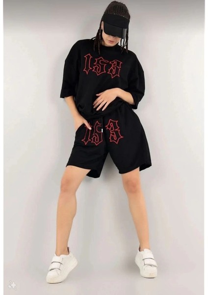 Kadın Unisex Nakış Işlemeli Şort Takım - Siyah -Vlmr fiyatları