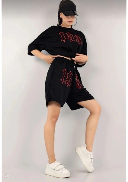 Kadın Unisex Nakış Işlemeli Şort Takım - Siyah -Vlmr modelleri