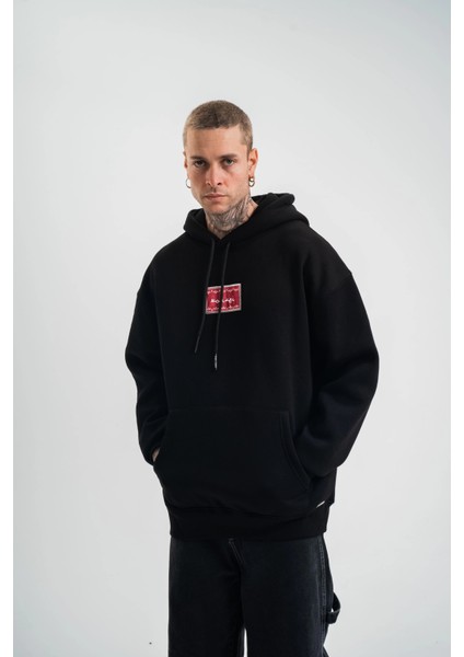 Double Oversize Kapşonlu Dijital Patchli Sweatshirt - Siyah -Vlmr