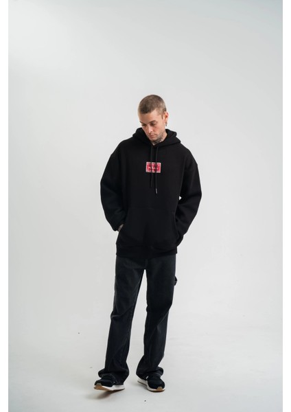 Double Oversize Kapşonlu Dijital Patchli Sweatshirt - Siyah -Vlmr fiyatları
