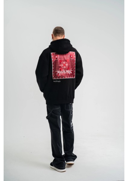 Double Oversize Kapşonlu Dijital Patchli Sweatshirt - Siyah -Vlmr fırsatları