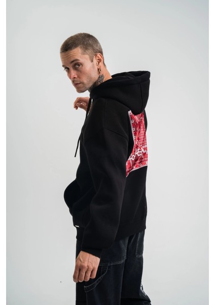 Double Oversize Kapşonlu Dijital Patchli Sweatshirt - Siyah -Vlmr indirimleri