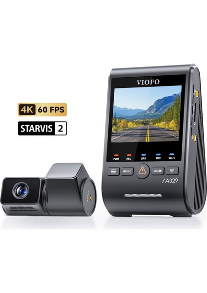 A329T 2 Kameralı Ön+Arka 4K 60FPS+2K Wi-Fi 6 Hdr Sony Starvıs 2 Sensör Gps'li SSD Destekli Araç Kamerası