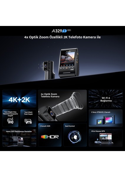 A329T 2 Kameralı Ön+Arka 4K 60FPS+2K Wi-Fi 6 Hdr Sony Starvıs 2 Sensör Gps'li SSD Destekli Araç Kamerası fiyatları