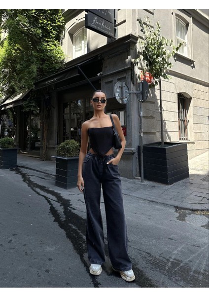 Kadın Arkadan Yırtmaçlı Jeans Kot Palazzo Pantolon - Siyah -Vlmr fırsatları