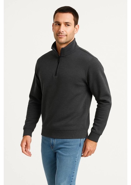 Erkek Dik Yaka Sweatshirt Dik Yaka Yarım Fermuarlı 3 Iplik Şardonlu Pamuk Kumaş - Antrasit -Vlmr