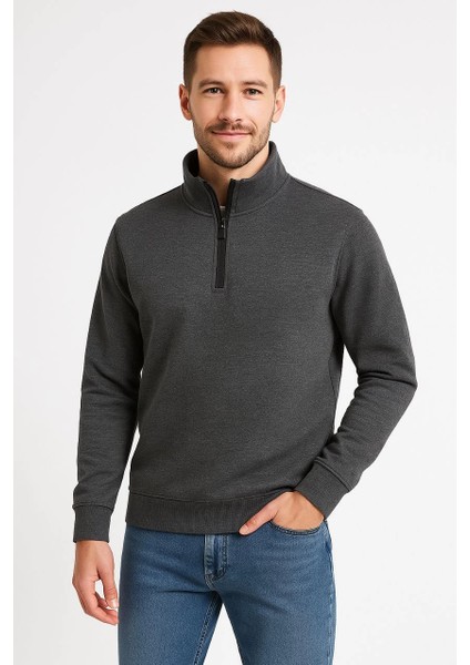 Erkek Dik Yaka Sweatshirt Dik Yaka Yarım Fermuarlı 3 Iplik Şardonlu Pamuk Kumaş - Antrasit -Vlmr modelleri