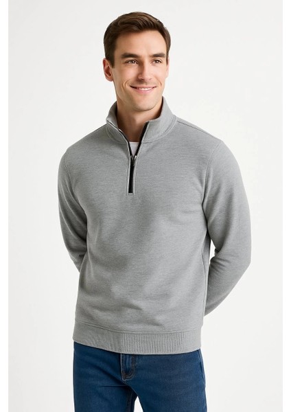 Erkek Dik Yaka Sweatshirt Dik Yaka Yarım Fermuarlı 3 Iplik Şardonlu Pamuk Kumaş - Gri -Vlmr