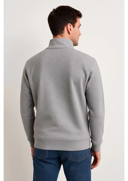 Erkek Dik Yaka Sweatshirt Dik Yaka Yarım Fermuarlı 3 Iplik Şardonlu Pamuk Kumaş - Gri -Vlmr fiyatları