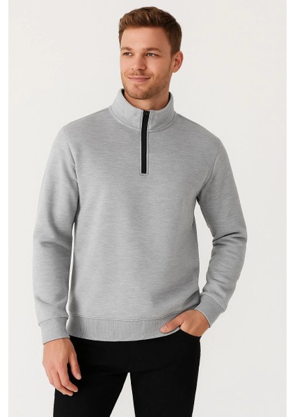 Erkek Dik Yaka Sweatshirt Dik Yaka Yarım Fermuarlı 3 Iplik Şardonlu Pamuk Kumaş - Gri -Vlmr modelleri