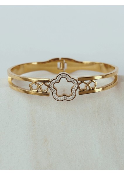 Büyük ve Küçük Taşlı Çiçekli Gold Kelepçe