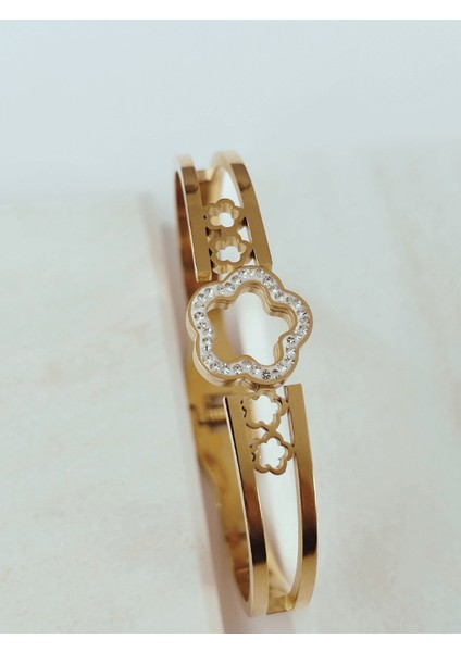 Büyük ve Küçük Taşlı Çiçekli Gold Kelepçe modelleri