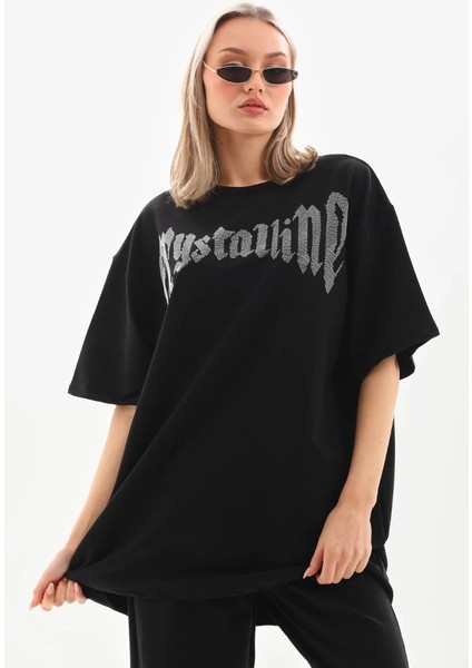 Unisex Taş Desenli Oversize T-Shirt - Beyaz -Vlmr