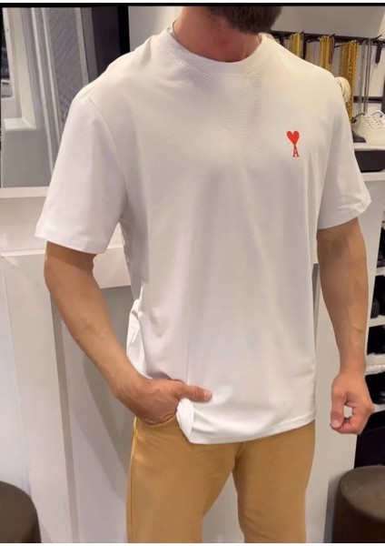 Unisex Bisiklet Yaka Baskılı Oversize T-Shirt - Beyaz -Vlmr