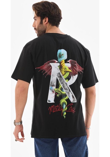 Unisex Bisiklet Yaka Baskılı Oversize T-Shirt - Siyah -Vlmr fırsatları