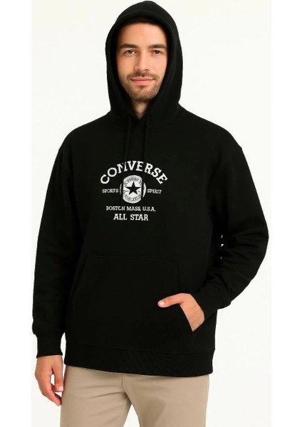 Erkek Kapşonlu Sweatshirt Ön & Arka Baskılı Siyah -Vlmr modelleri