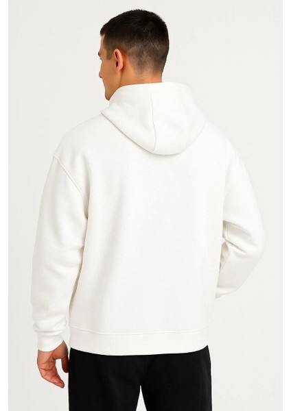 Erkek Ovarsize Kapüşonlu Swetshirt Kanguru Çepli Cıtcıtlı 3 Iplik Şardonlu Hoodie - Beyaz -Vlmr modelleri