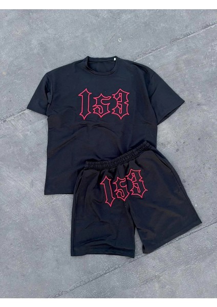 Erkek Nakış Işlemeli Şortlu Takım - Siyah -Vlmr