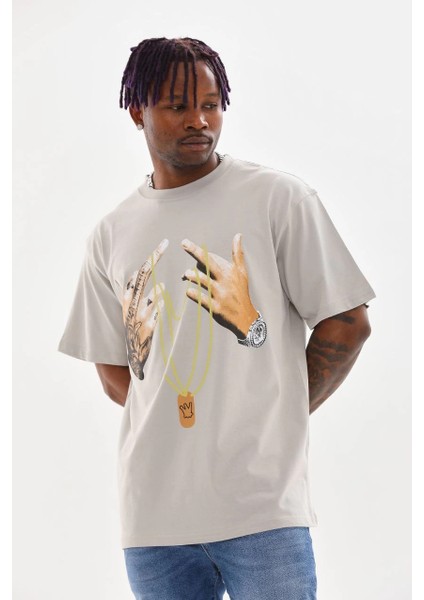 Unisex Baskılı Oversize T-Shirt - Gri -Vlmr modelleri