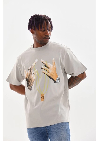 Unisex Baskılı Oversize T-Shirt - Gri -Vlmr indirimleri