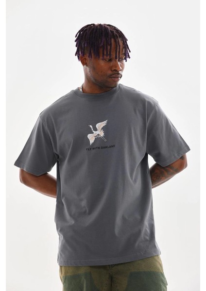 Unisex Baskılı Oversize T-Shirt - Füme -Vlmr