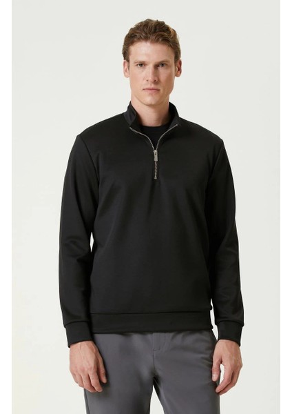 Unisex Uzun Kol Yarım Farmuarlı Yakalı Basic Sweatshirt - Siyah -Vlmr