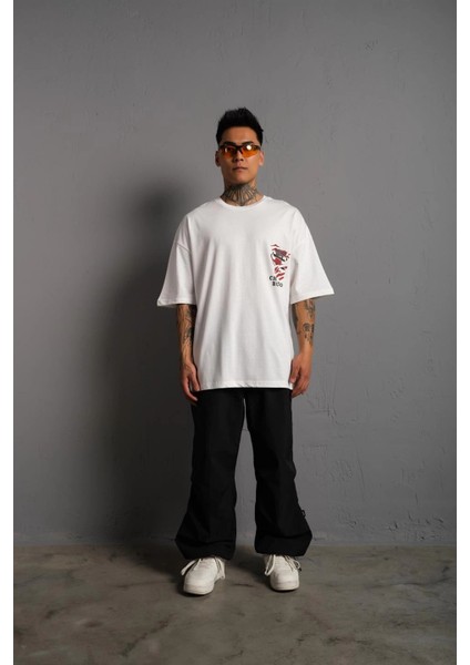 Erkek Sırt Baskılı A Kalite Oversize T-Shirt - Beyaz -Vlmr