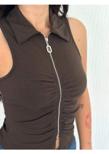 Yakalı Tam Fermuarlı Kolsuz Bluz - Kahverengi -Vlmr