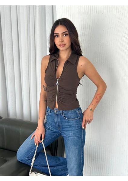 Yakalı Tam Fermuarlı Kolsuz Bluz - Kahverengi -Vlmr modelleri
