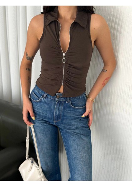 Yakalı Tam Fermuarlı Kolsuz Bluz - Kahverengi -Vlmr fırsatları