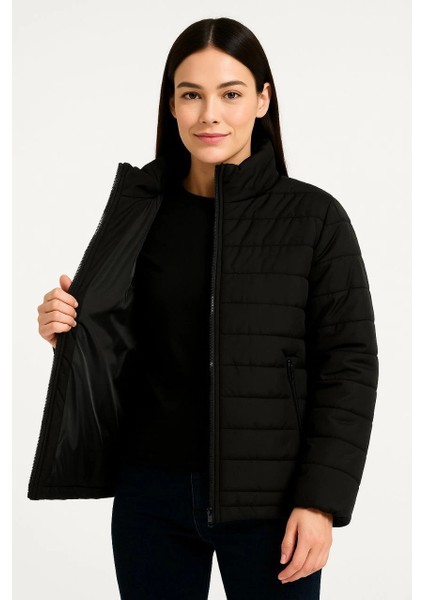 Kadın Bomber Mont Ceket - Su Itici Kumaş, Kapitone Astarlı, Fermuarlı, Kışlık - Siyah -Vlmr