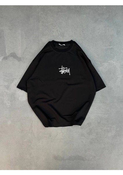 Unisex Bisiklet Yaka Baskılı Oversize T-Shirt - Siyah -Vlmr modelleri