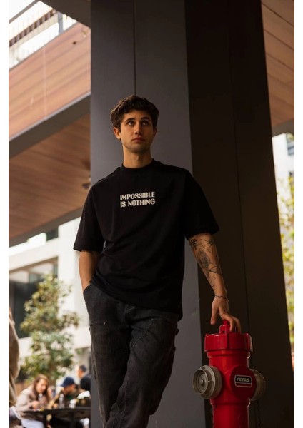 Unisex Bisiklet Yaka Baskılı Oversize T-Shirt - Siyah -Vlmr