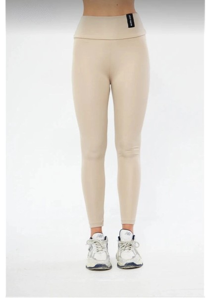 Kışlık Yüksek Bel Toparlayicı ve Sıkılaştırıcı Likralı Şardonlu Tayt - Bej -Vlmr