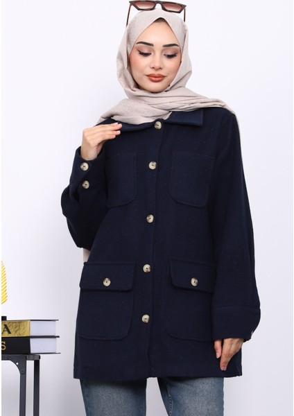 Lacivert Cepli Düğmeli Kaşe Ceket