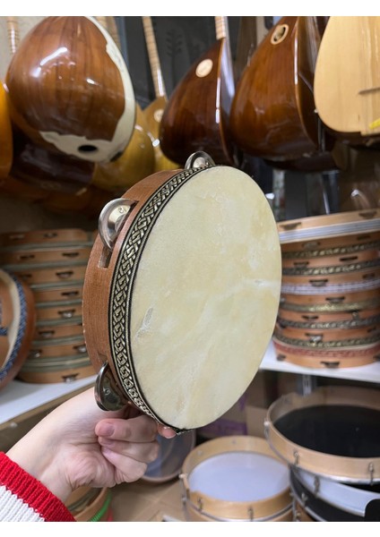 20 cm Zilli Hayvan Derisi Tef Ahşap Kasnak