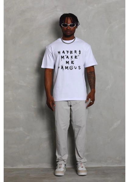 Unisex Oversize Baskılı Bisiklet Yaka T-Shirt - Beyaz -Vlmr fırsatları