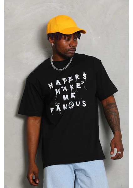 Unisex Oversize Baskılı Bisiklet Yaka T-Shirt - Siyah -Vlmr