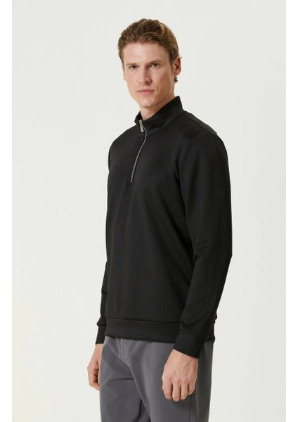 Unisex Uzun Kol Yarım Farmuarlı Yakalı Basic Sweatshirt - Siyah -Vlmr fırsatları