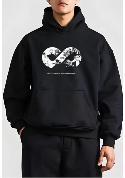 10 Kasıma Özel Üç Iplik Kapüşonlu Baskılı Sweatshirt - Siyah -Vlmr