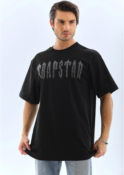 Unisex Oversize Taşlı Bisiklet Yaka T-Shirt - Siyah -Vlmr