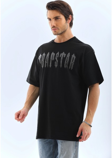 Unisex Oversize Taşlı Bisiklet Yaka T-Shirt - Siyah -Vlmr fırsatları