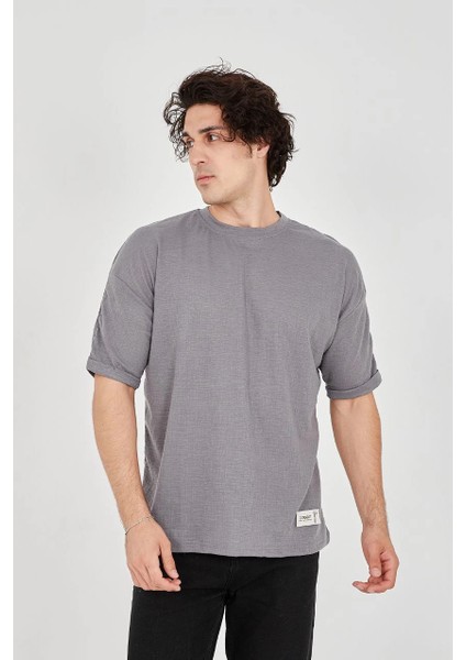 Unisex Jakar Kumaş Rahat Kol T-Shirt - Gri -Vlmr