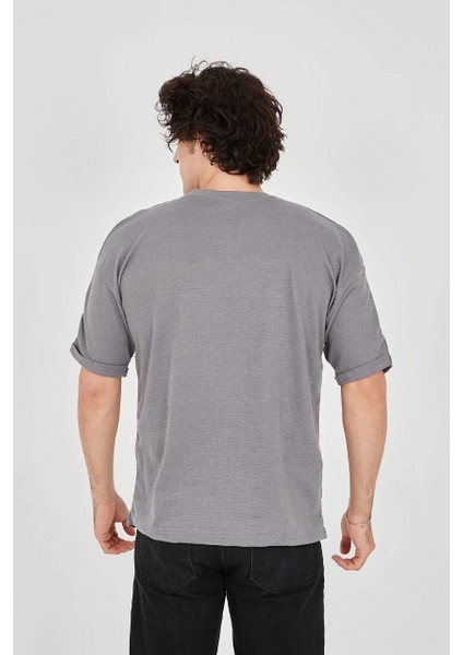 Unisex Jakar Kumaş Rahat Kol T-Shirt - Gri -Vlmr modelleri