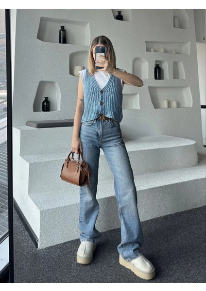 Triko Kolsuz Düğmeli Yelek - Mavi -Vlmr indirimleri