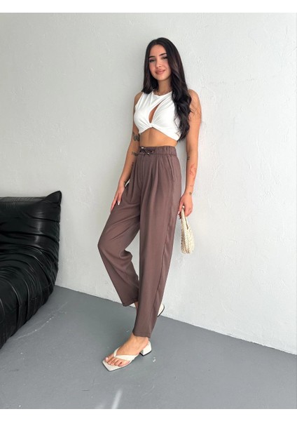 Kadın Yüksel Bel Rahat Boru Paça Pantalon - Kahverengi -Vlmr fırsatları