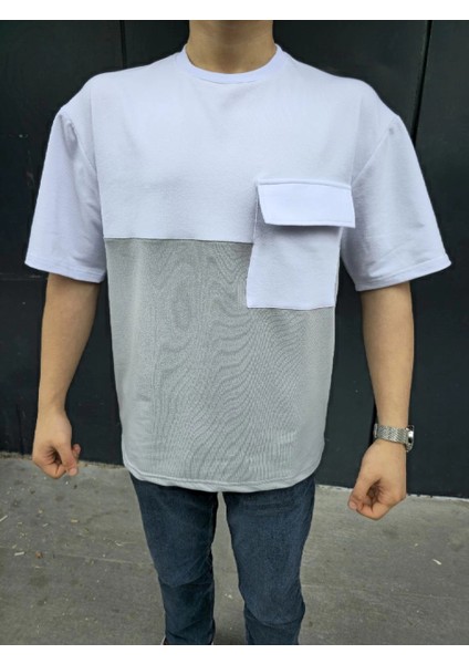 Unisex Torba Cep Detaylı Parçalı T-Shirt - Gri -Vlmr fiyatları