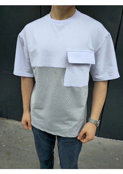 Unisex Torba Cep Detaylı Parçalı T-Shirt - Gri -Vlmr modelleri